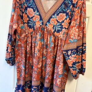 boho Floral V-Neck Midi Dress in Orange and Blue